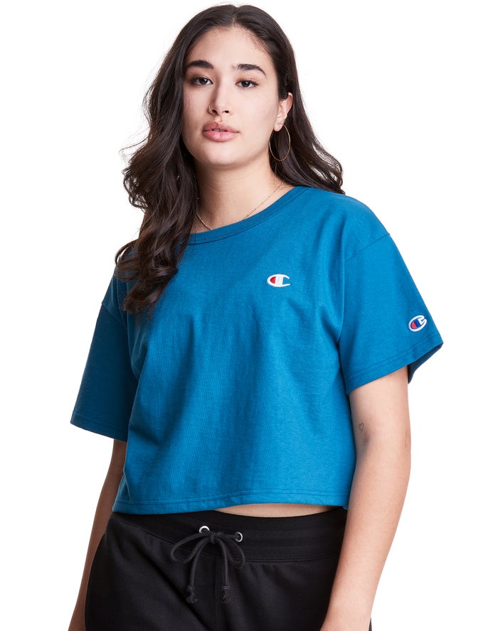 Champion Dame T-Shirts Blå - Heritage Cropped C Logo - Danmark HUP-720369